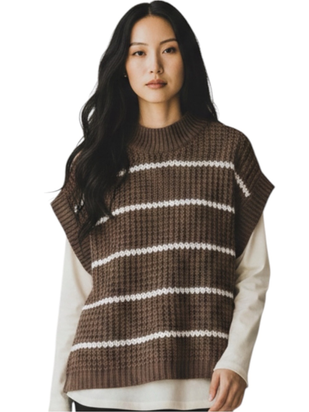Oversized Knit Batwing Mock Neck Striped Brown Sweater